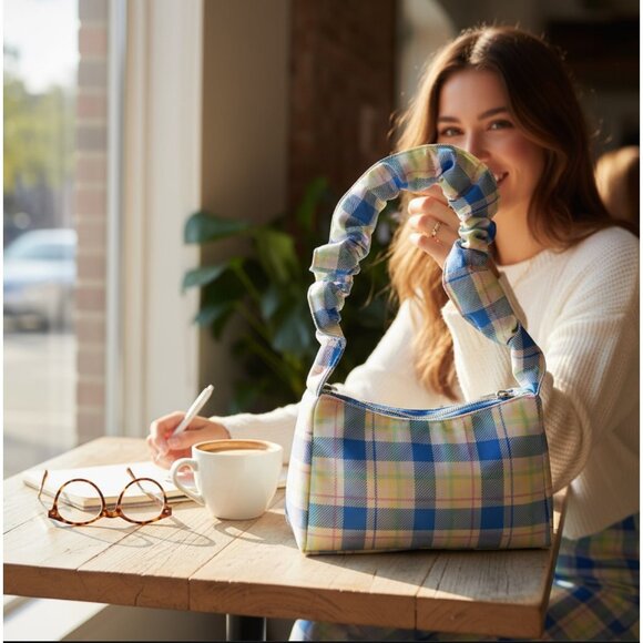 Local Heroes Trippy Plaid Shoulder Bag ✦ Scrunch Strap Logo Detail Charm Zip NWT - Picture 1 of 3